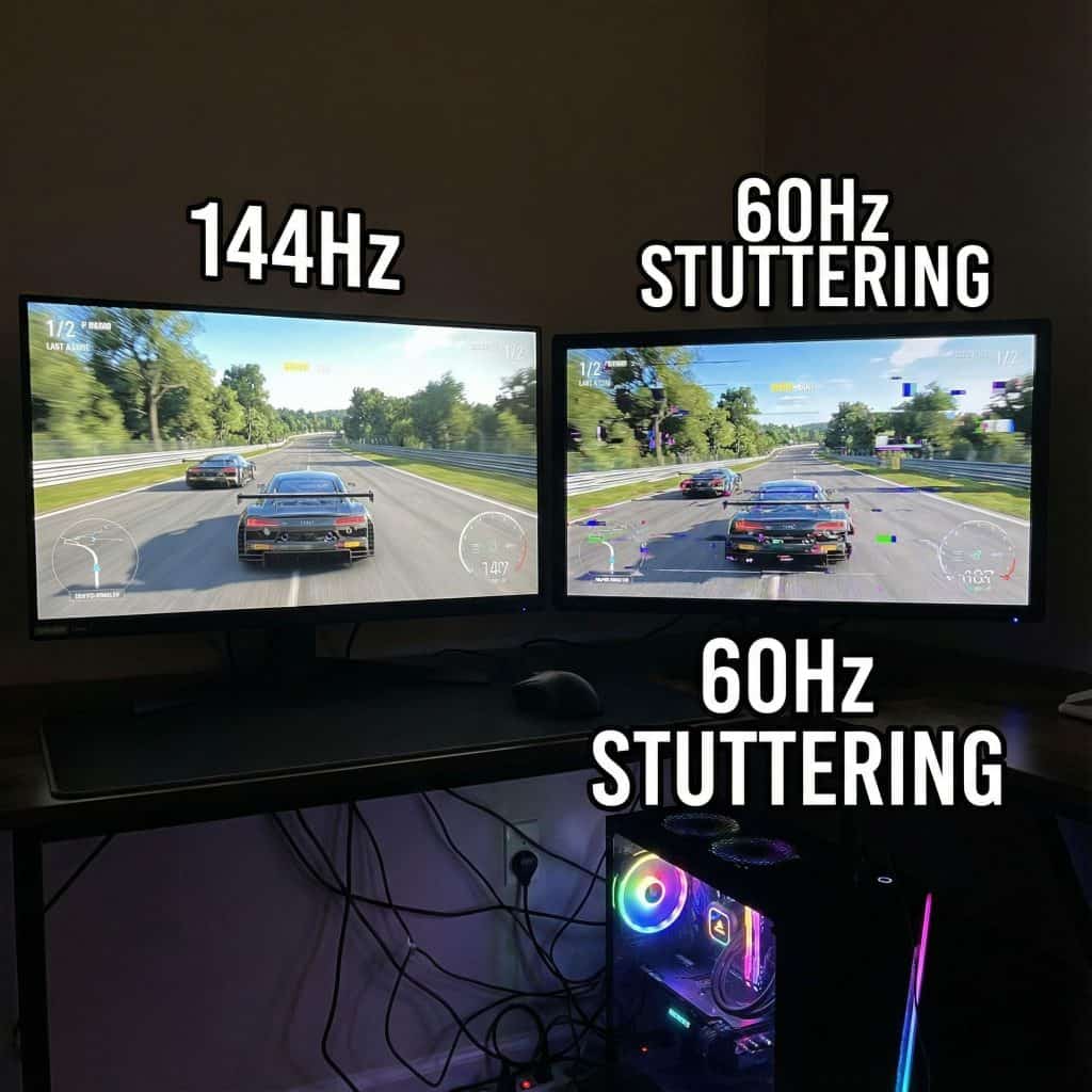 화면에 깜빡이는 그래픽 오류가 보이는 서로 다른 주사율의 두 모니터가 놓인 책상입니다.