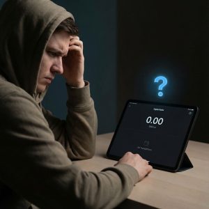 화면 속 빈 디지털 지갑 인터페이스를 의아한 표정으로 바라보는 사용자와 떠 있는 물음표 아이콘의 모습이다.