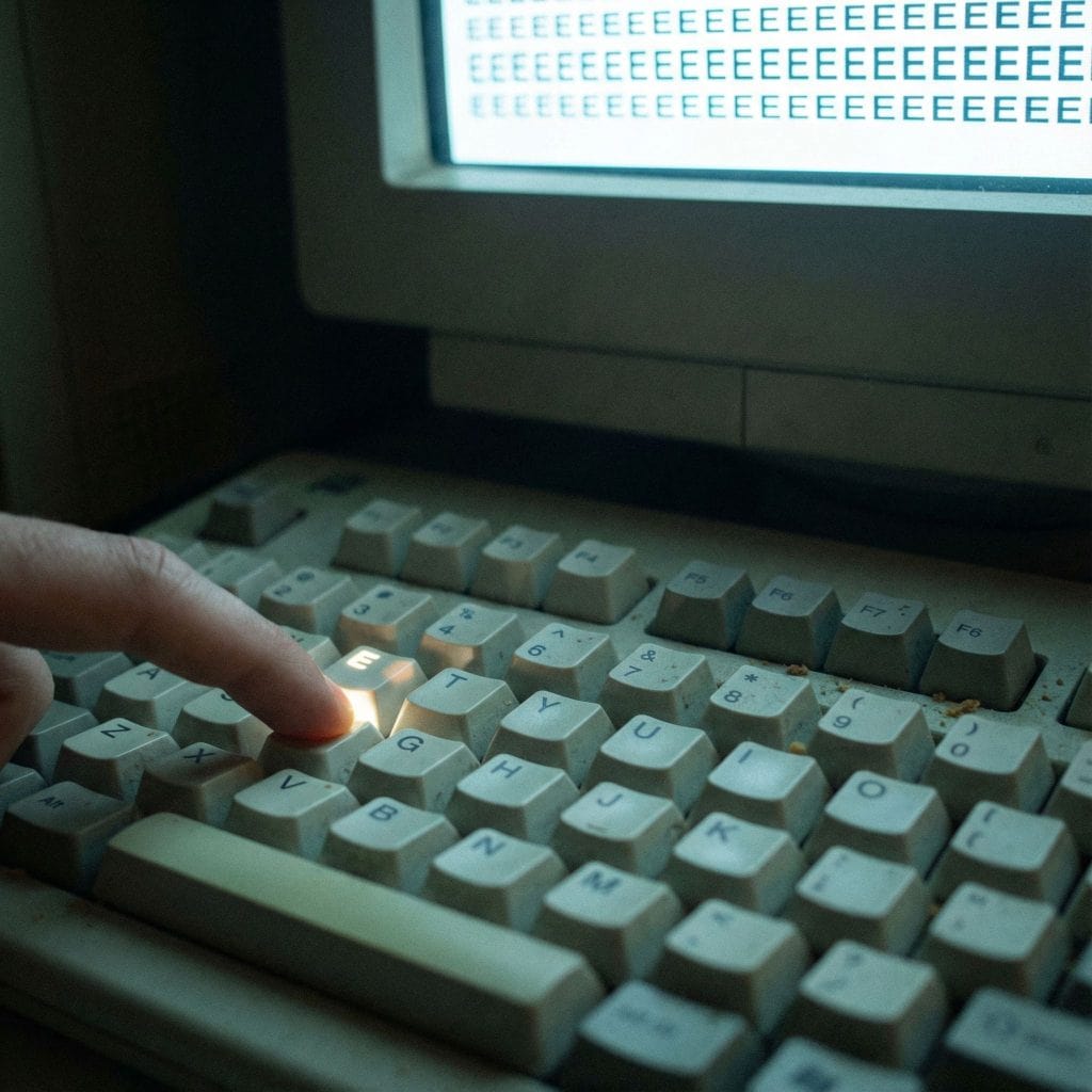 빛나는 화면에 같은 글자가 여러 개 찍힌 채, 가까이서 본 컴퓨터 키보드의 한 키가 눌려 있습니다.