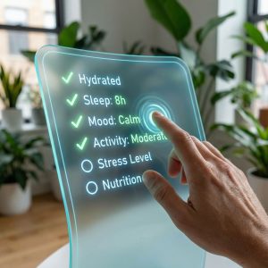 빛나는 건강 모니터 화면을 손가락으로 살짝 터치하며, 체크리스트에 표시된 웰니스 증상을 확인하는 모습이다.